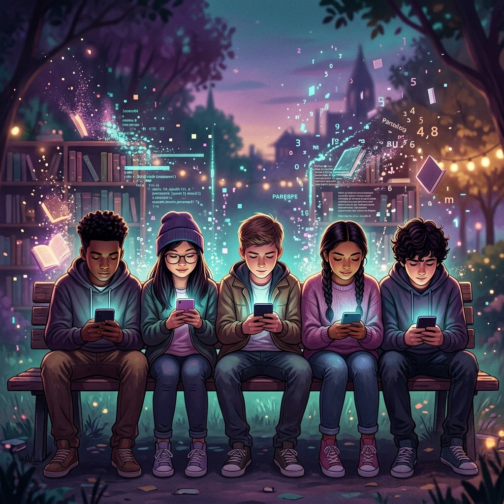 Ilustração: Adolescentes imersos em telas enquanto o conhecimento se fragmenta