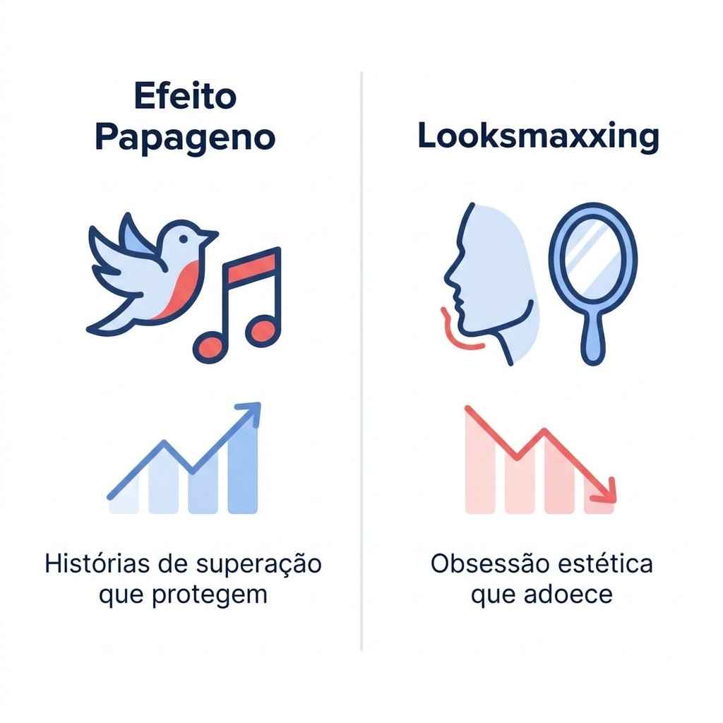 Infográfico comparativo: Efeito Papageno vs Looksmaxxing