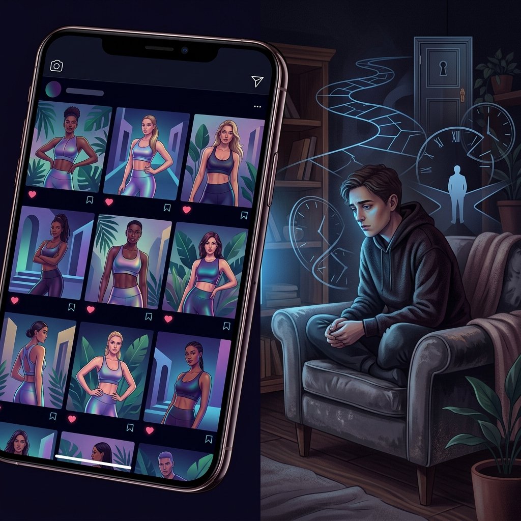 Representação visual da tensão entre a imagem idealizada e o cansaço existencial