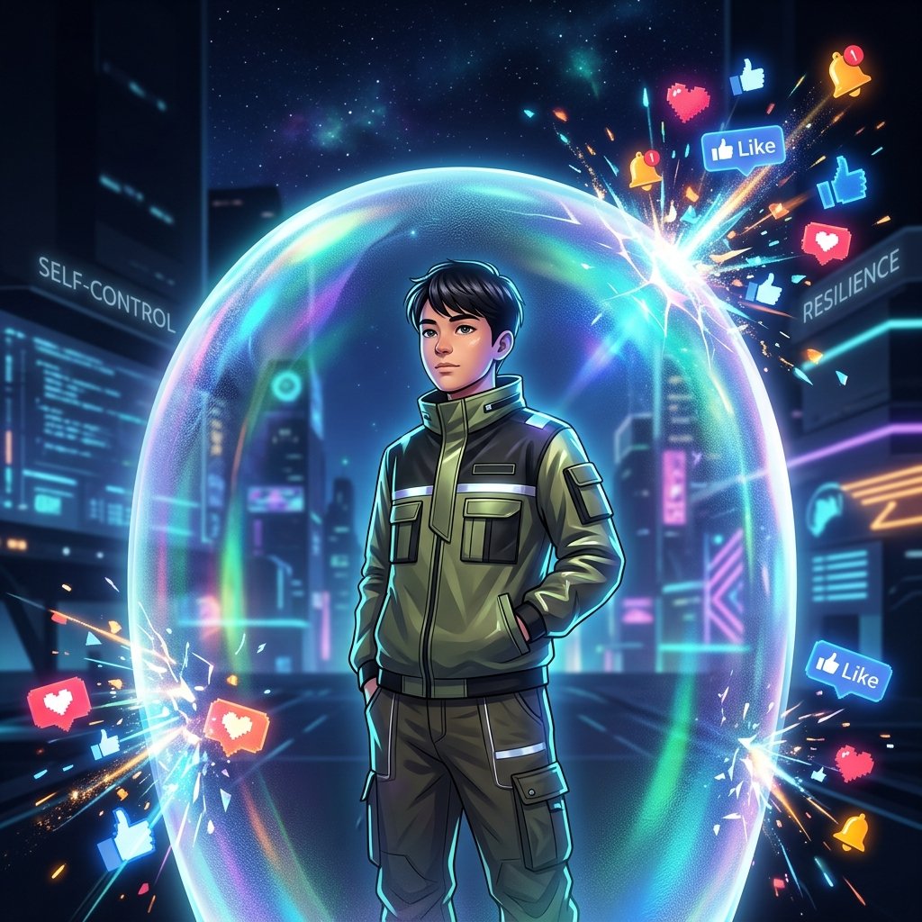 Ilustração conceitual de um adolescente entre um escudo invisível e ícones de redes sociais