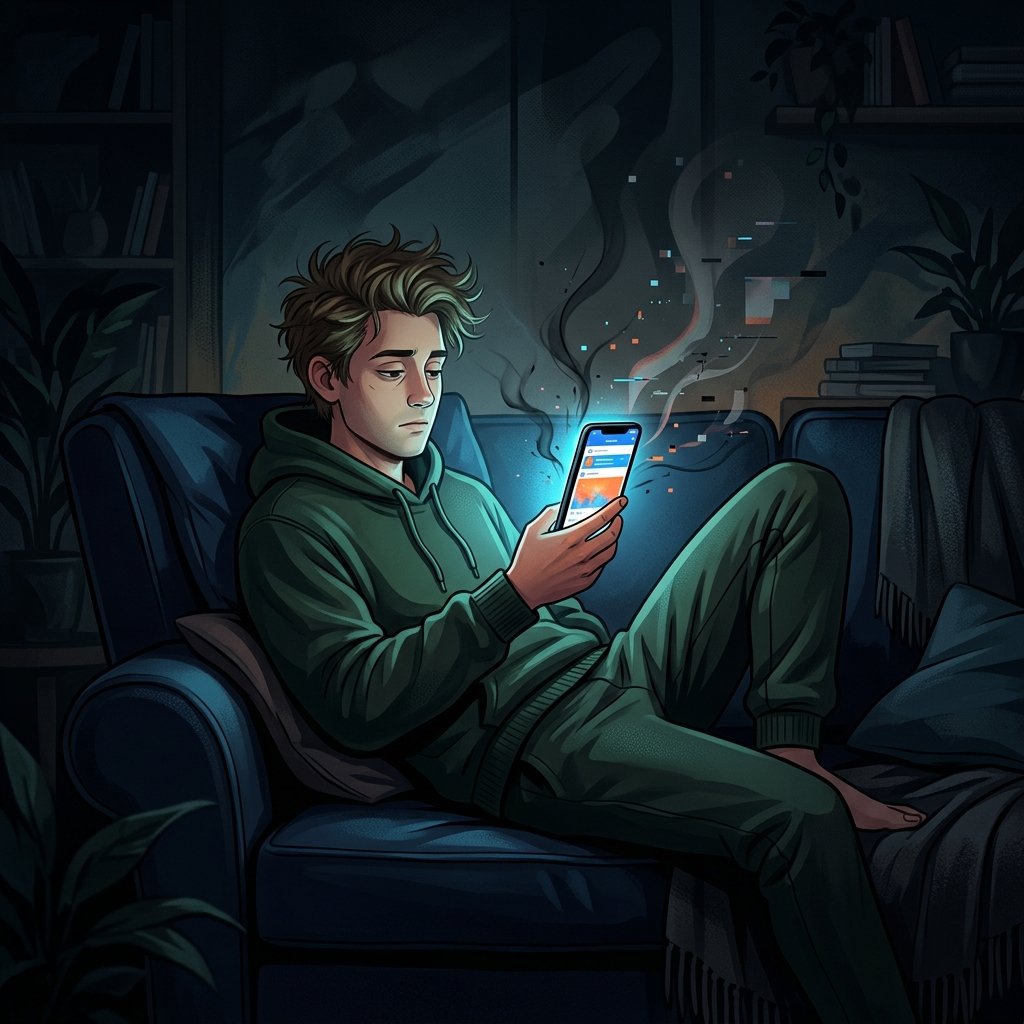 Ilustração conceitual de uma pessoa consumida pela luz de um smartphone em um ambiente escuro