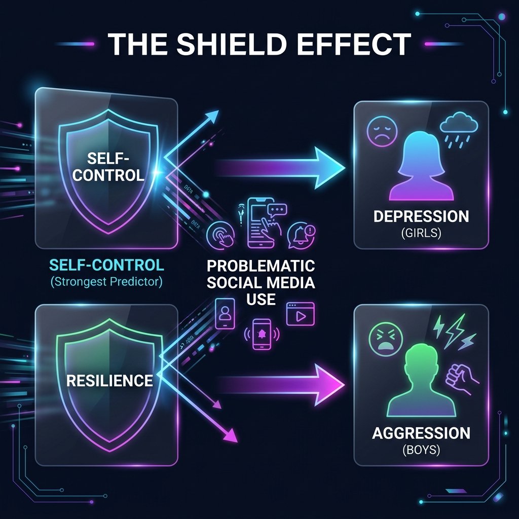 Infográfico: o caminho do autocontrole e resiliência até a depressão e agressão, com os valores do estudo