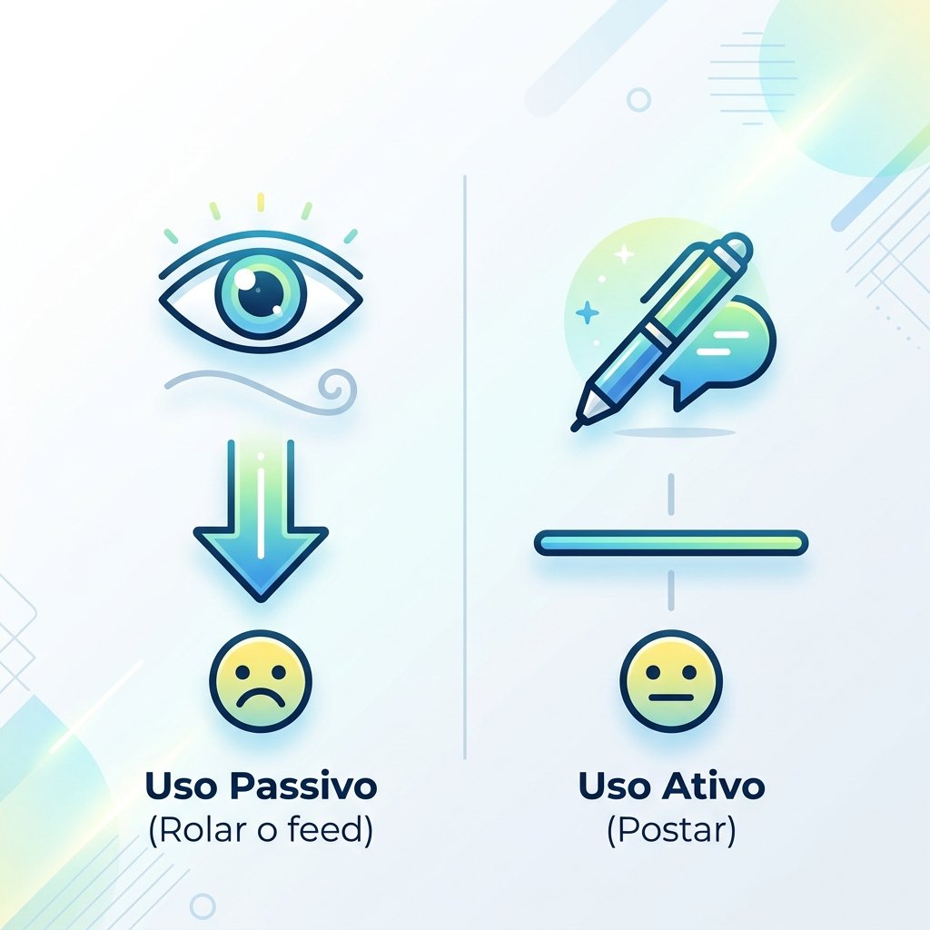 Infográfico mostrando que o uso passivo leva a emoções negativas, enquanto o uso ativo é mais neutro
