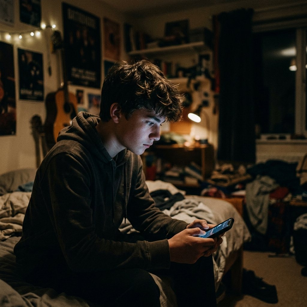 Ilustração conceitual de adolescente com smartphone refletindo luz no rosto, metade do rosto iluminado e metade na sombra