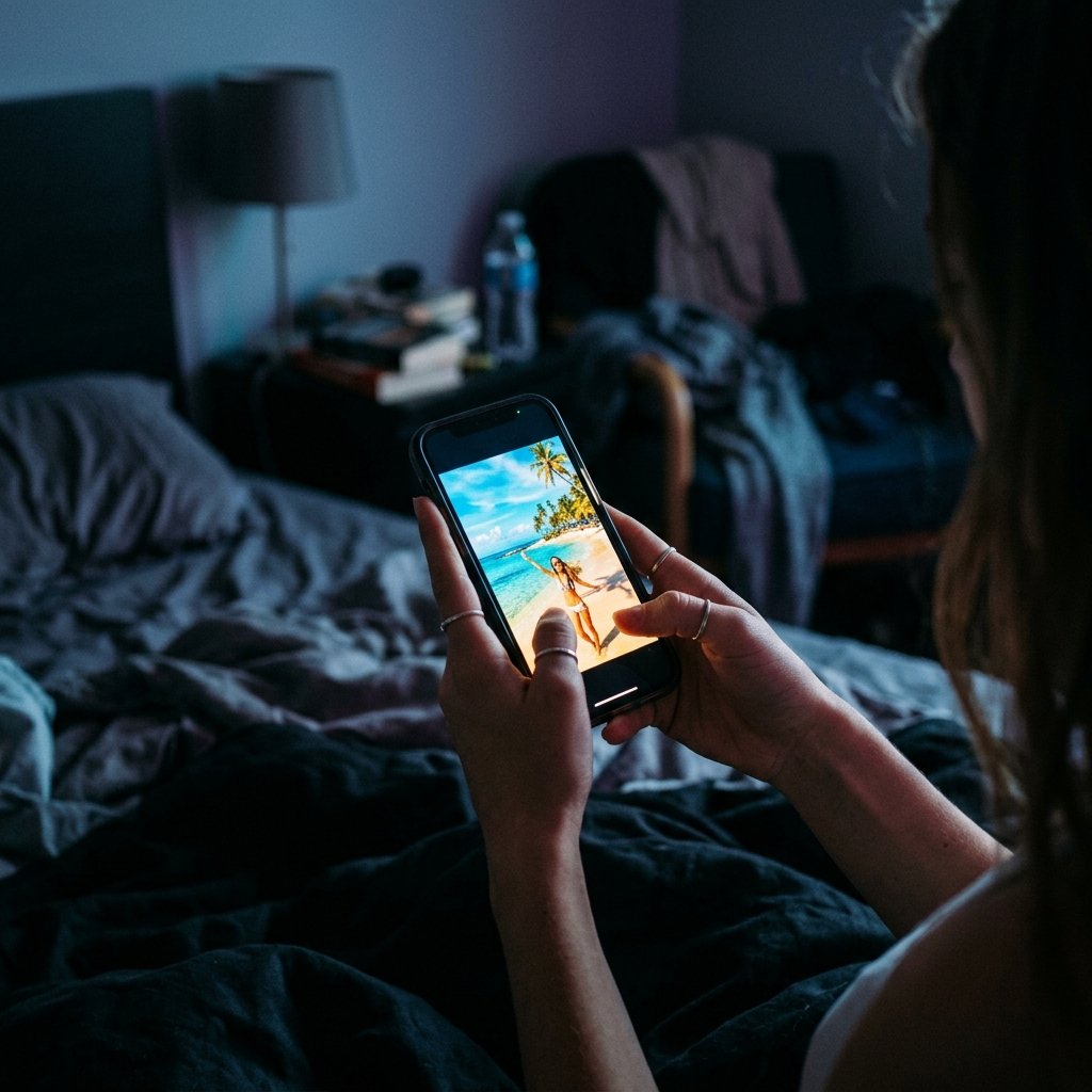 Ilustração conceitual da tensão entre a imagem editada do Instagram e a realidade