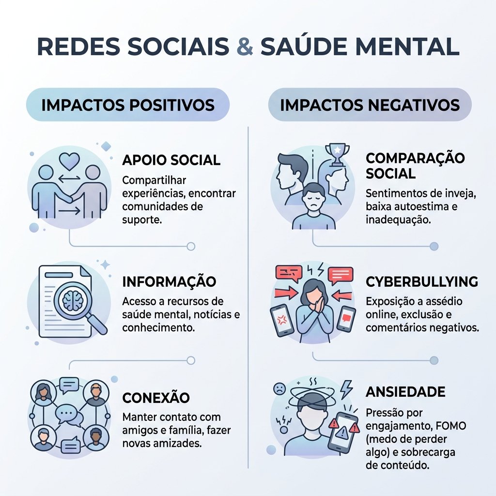 Infográfico minimalista sobre a correlação entre uso de redes e saúde mental: dupla via de impactos positivos (suporte social, informação) e negativos (comparação, ansiedade, depressão)