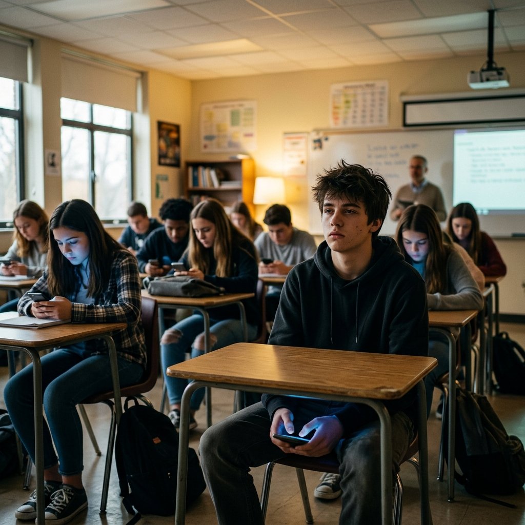Uma sala de aula onde alunos olham para baixo, distraídos pelos celulares