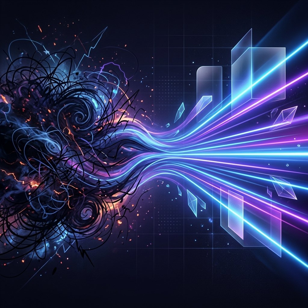 Ilustração conceitual de um caos denso sendo transformado e redirecionado para luzes lineares focadas e potentes.