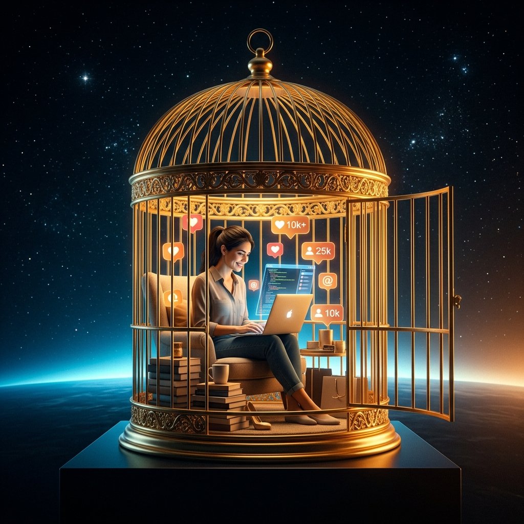 Uma gaiola de ouro ornamentada, aberta, no centro de um vazio digital escuro. Dentro dela, uma pessoa sorri diante do laptop rodeada por notificações. A porta está aberta — mas ela não percebe.