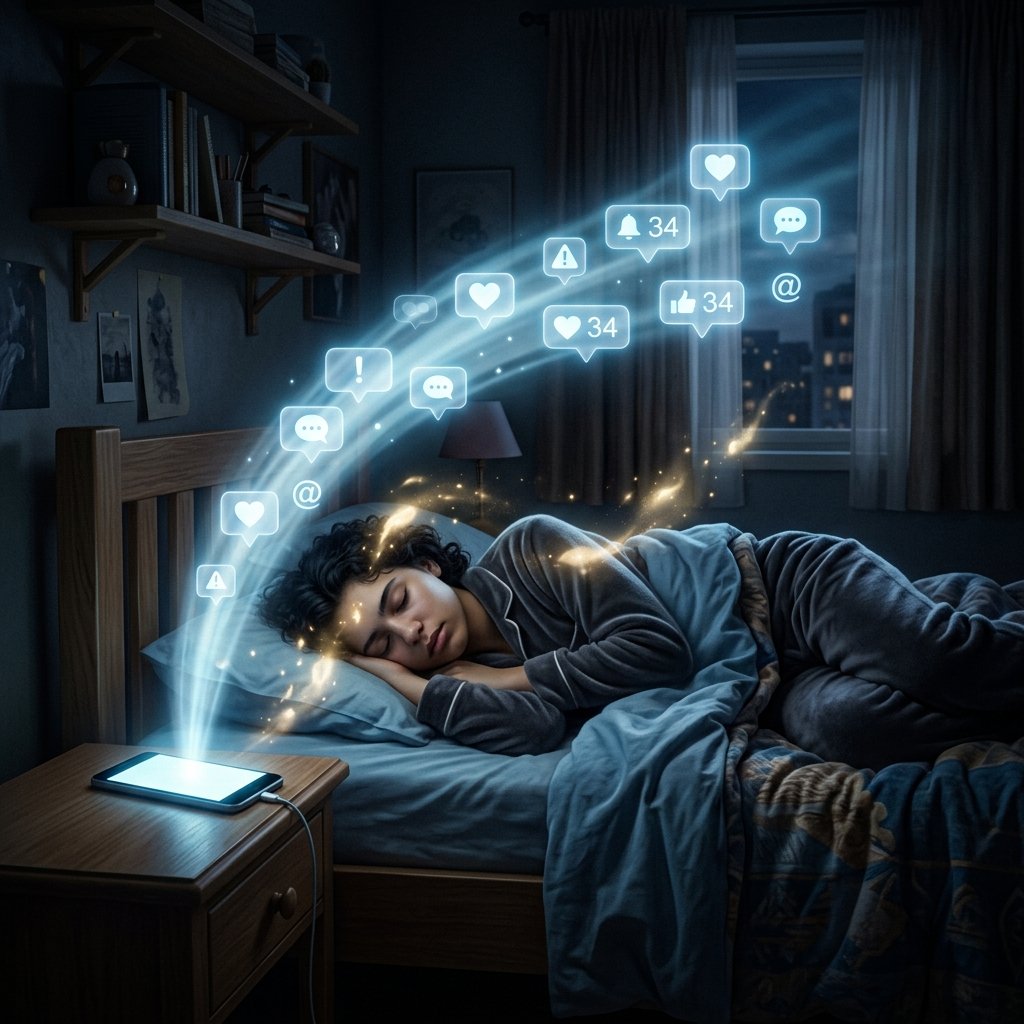 Um adolescente deitado dormindo tranquilamente. Na mesa de cabeceira, um smartphone brilhante emite energia azul, roubando o 'sono dourado' da pessoa, formando bolhas de notificação.