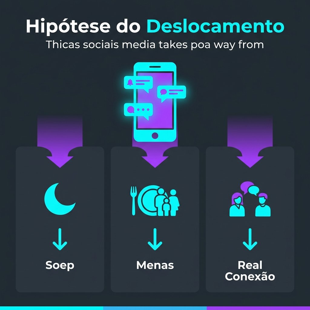 Infográfico em estilo de design limpo: 3 colunas onde vemos ícones de Sono (lua), Refeições (prato) e Conexão Humana, todos sendo pressionados para baixo por um símbolo de celular iluminado e bolhas de notificação.