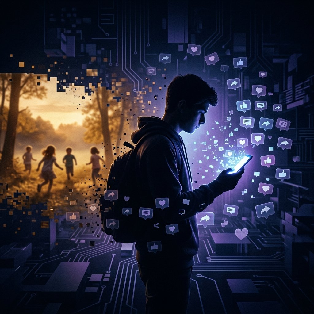 Uma adolescente olhando para o brilho frio do smartphone enquanto o mundo real ao fundo — crianças brincando ao ar livre — se dissolve em névoa dourada