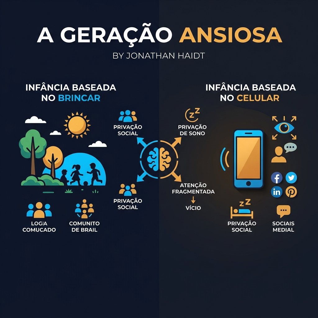 Infográfico: A Grande Reconfiguração da Infância — os dois mundos e os quatro prejuízos fundamentais identificados por Jonathan Haidt