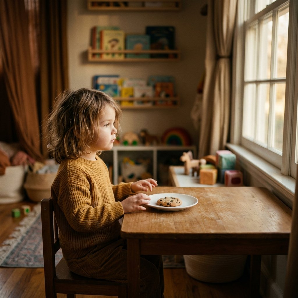 Uma criança sentada à mesa, olhando para longe de um biscoito. Luz dourada, ambiente calmo e introspectivo.