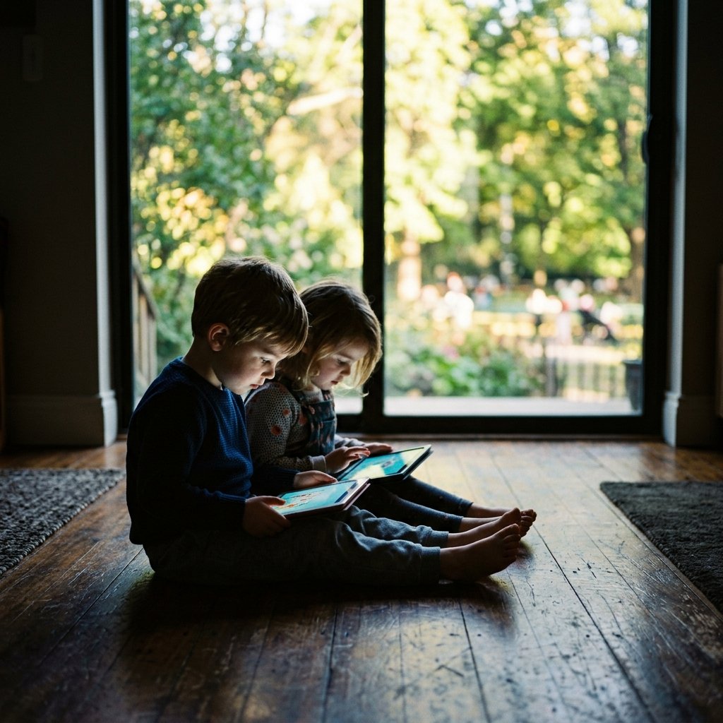 Duas crianças sentadas no chão, absortas em tablets, enquanto pela janela ao fundo vê-se um parque ensolarado que elas não estão vendo.