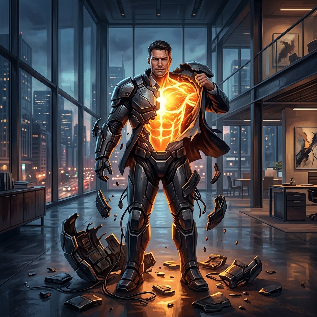 Ilustração conceitual de um executivo retirando uma armadura metálica rígida em um escritório corporativo moderno, revelando um núcleo de luz humana e vibrante.
