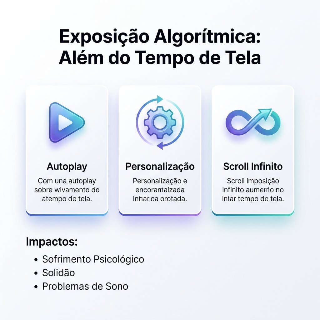 Infográfico minimalista mostrando os 6 temas qualitativos da exposição algorítmica e seus efeitos no cérebro adolescente, em português.