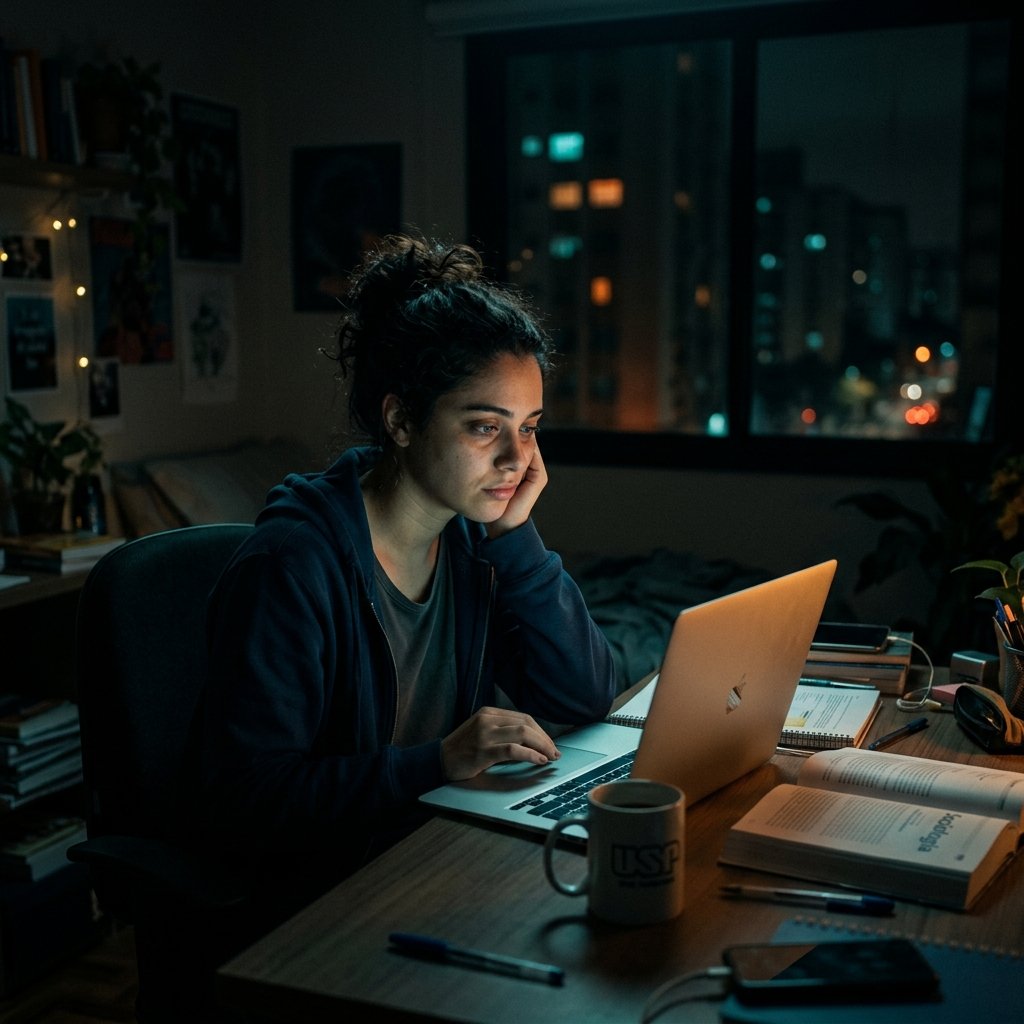 Um estudante universitário sozinho no quarto escuro iluminado apenas pelo brilho do notebook