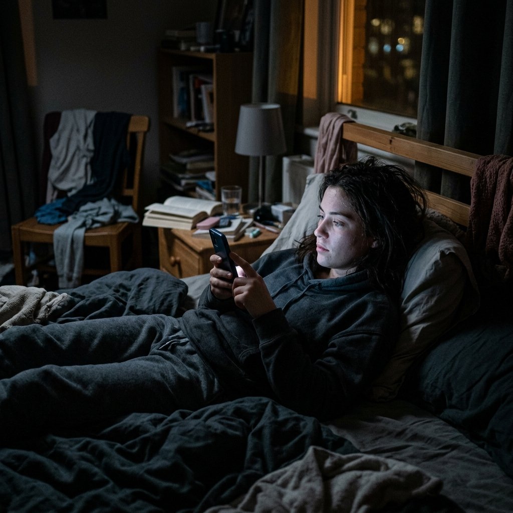 Um jovem absorto rolando o feed do celular em um ambiente escuro