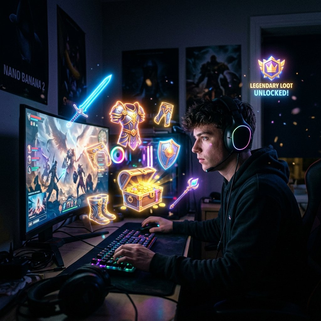 Um jovem jogando online no escuro, cercado por representações holográficas de recompensas virtuais