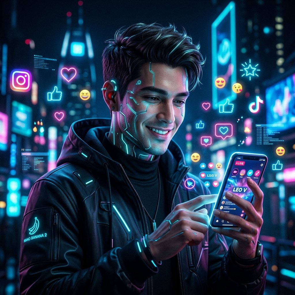 Um influenciador virtual de aparência ultrarrealista com traços futuristas, interagindo com curtidas e corações flutuantes em um smartphone