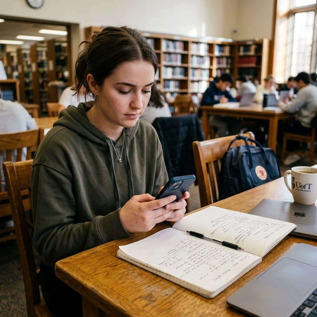 Um estudante olhando para o celular ao lado de um caderno aberto