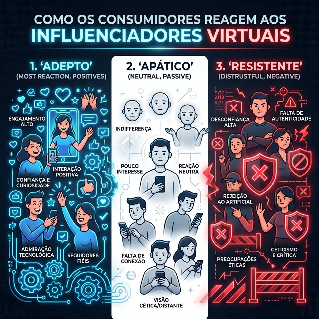 Infográfico: Perfis de consumidores e a aceitação de influenciadores virtuais: Adeptos, Apáticos e Resistentes