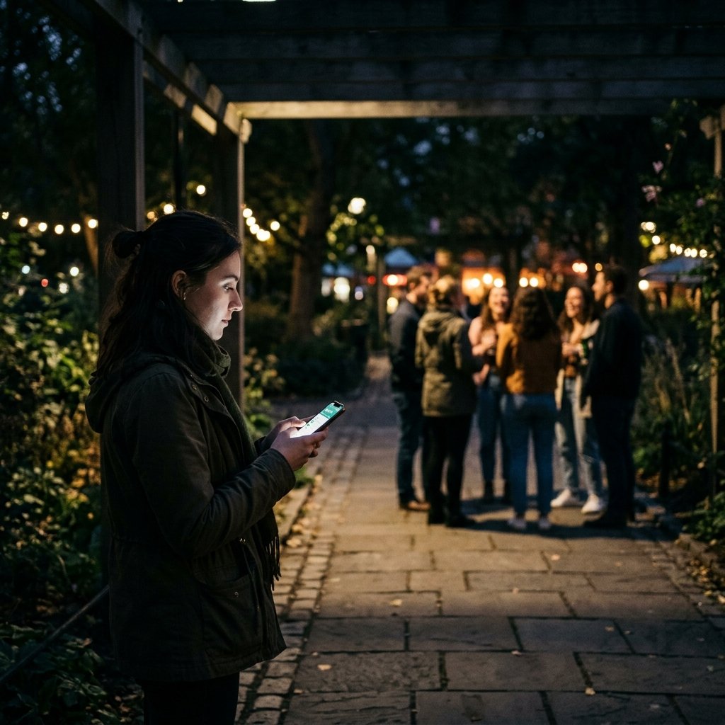 Uma pessoa observando outras conversarem ao longe, iluminada apenas pela tela do celular