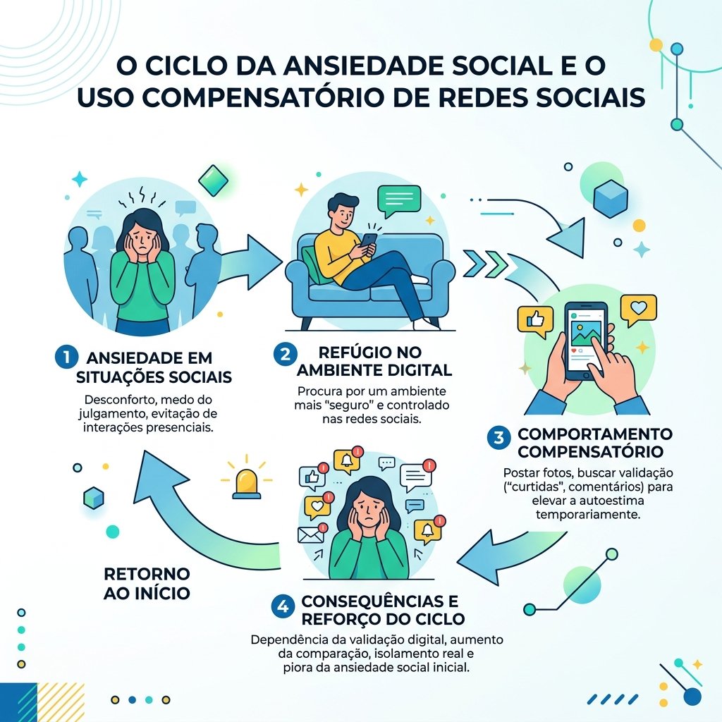 Infográfico mostrando o ciclo da ansiedade social e o uso de redes como compensação