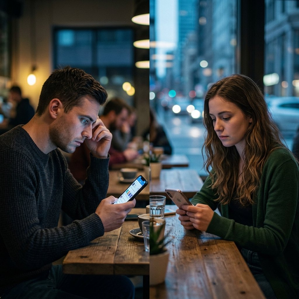 Homem e mulher experimentando formas distintas de aprisionamento cognitivo e emocional no labirinto das redes sociais