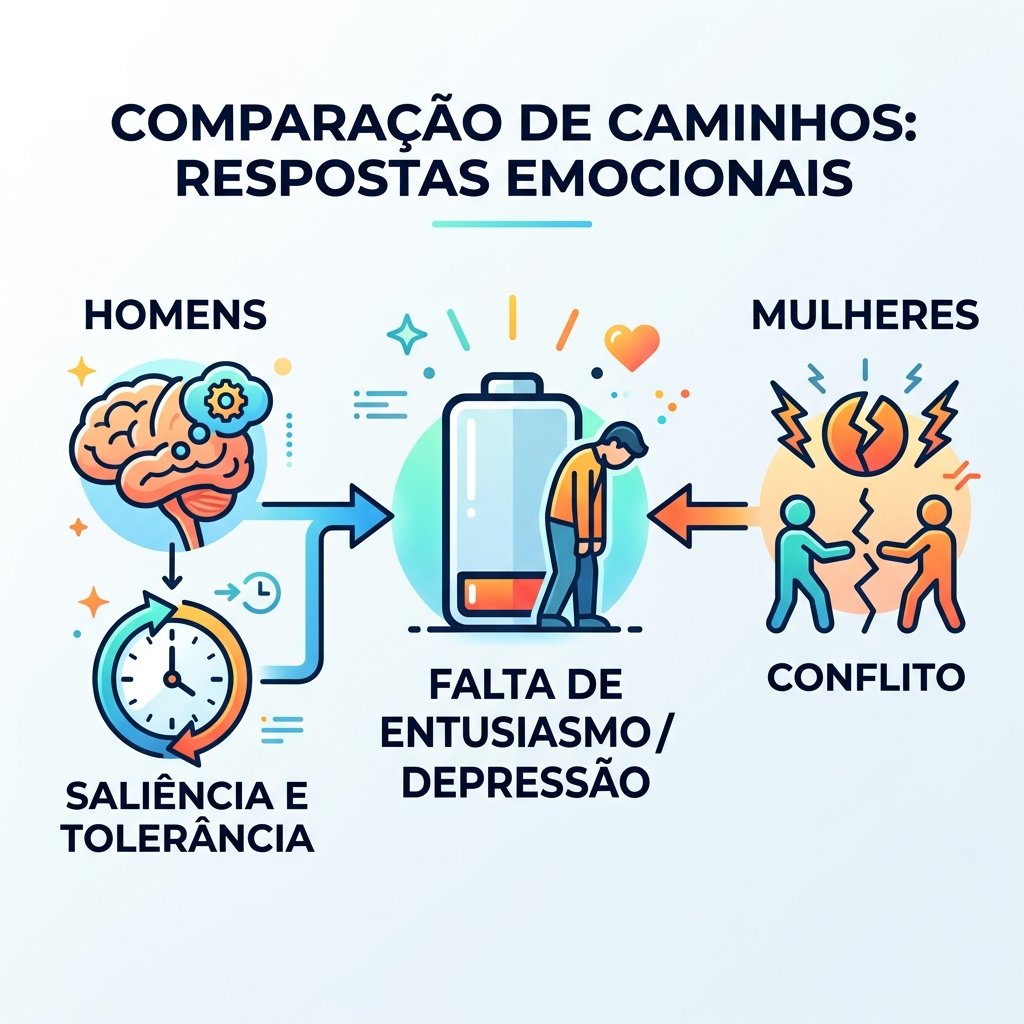 Infográfico mostrando como homens focam na saliência enquanto mulheres focam no conflito, com a falta de entusiasmo como elo central