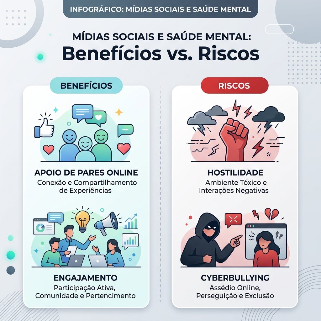 Infográfico resumindo os benefícios (apoio de pares, engajamento) e riscos (hostilidade, cyberbullying) das redes sociais para a saúde mental.