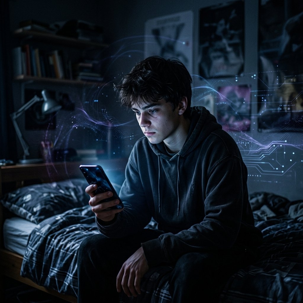 Adolescente com expressão pensativa segurando celular, luz azul refletida no rosto, representando a influência dos algoritmos no cérebro jovem.