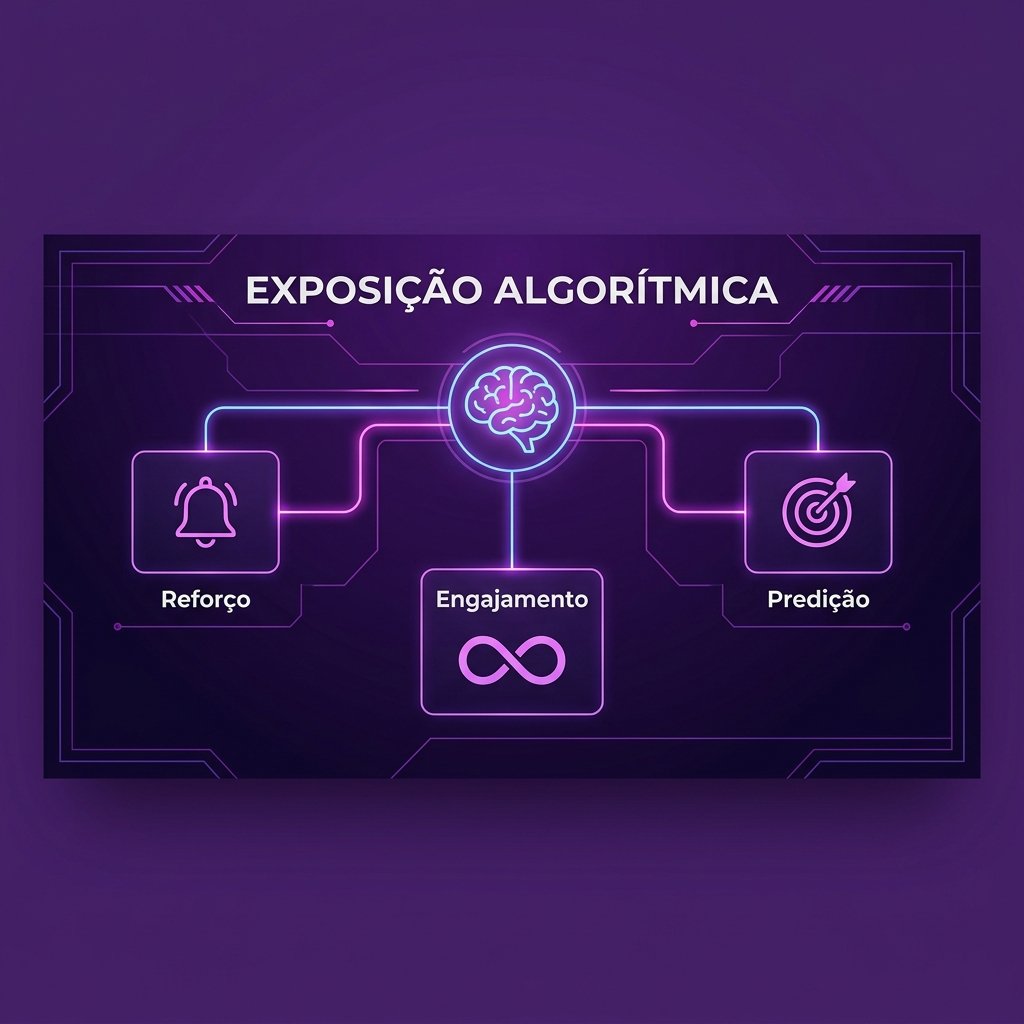 Infográfico minimalista mostrando os 6 temas qualitativos da exposição algorítmica e seus efeitos no cérebro adolescente, em português.
