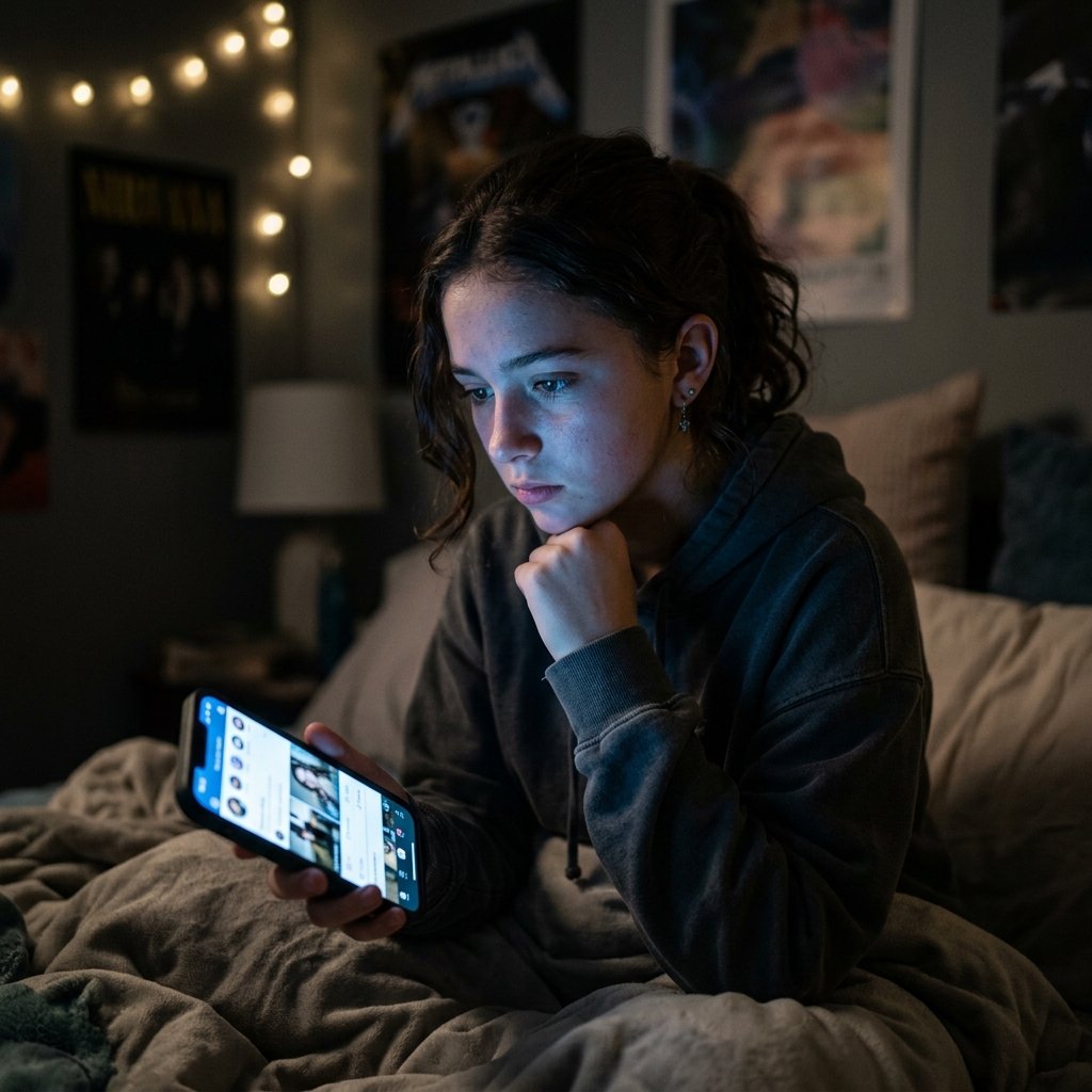 Adolescente olhando para o celular com expressão pensativa, luz azul no rosto, atmosfera noturna, representando o impacto emocional das redes sociais na autoestima
