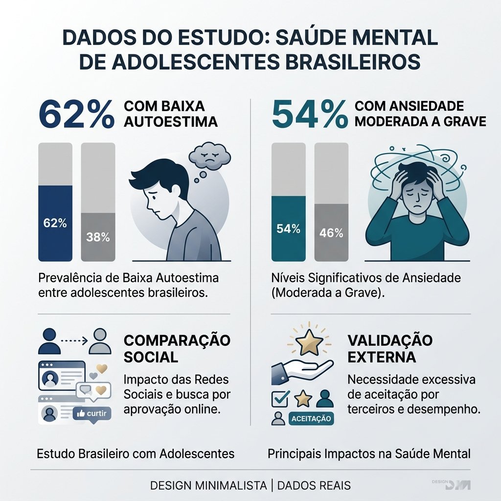 Infográfico minimalista mostrando os dados do estudo brasileiro: 62% baixa autoestima, 54% ansiedade, mecanismos de comparação social e validação externa, em português.