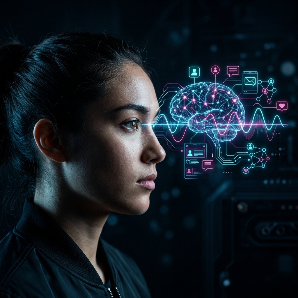 Representação visual de correntes de dados neurais e ondas de EEG durante o uso ativo de redes sociais em um quarto escuro