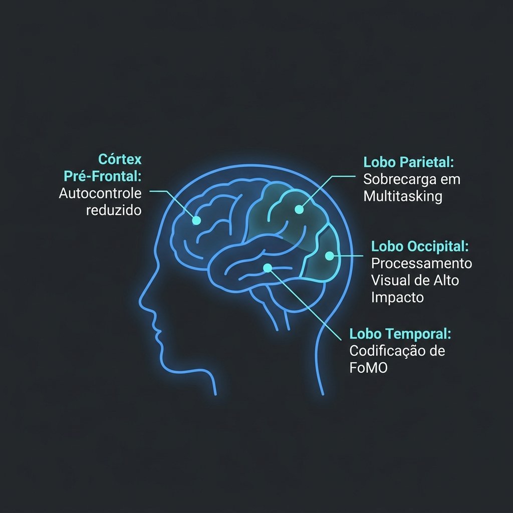 Infográfico resumindo as quatro principais áreas cerebrais afetadas pelo uso de mídias sociais e as respectivas alterações de ondas cerebrais
