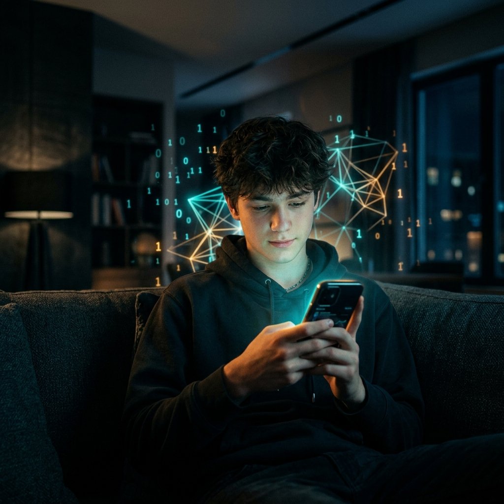 Cena de um adolescente iluminado pelo brilho azul do celular, cercado por conexões algorítmicas flutuantes no escuro