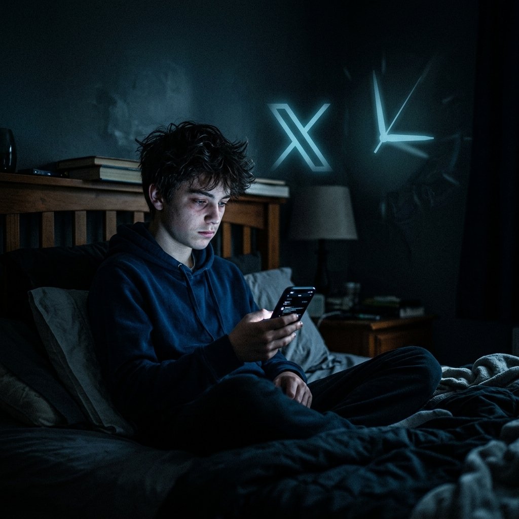 Cena de um jovem no escuro encarando o celular com o sutil contorno do logotipo do Twitter no plano de fundo