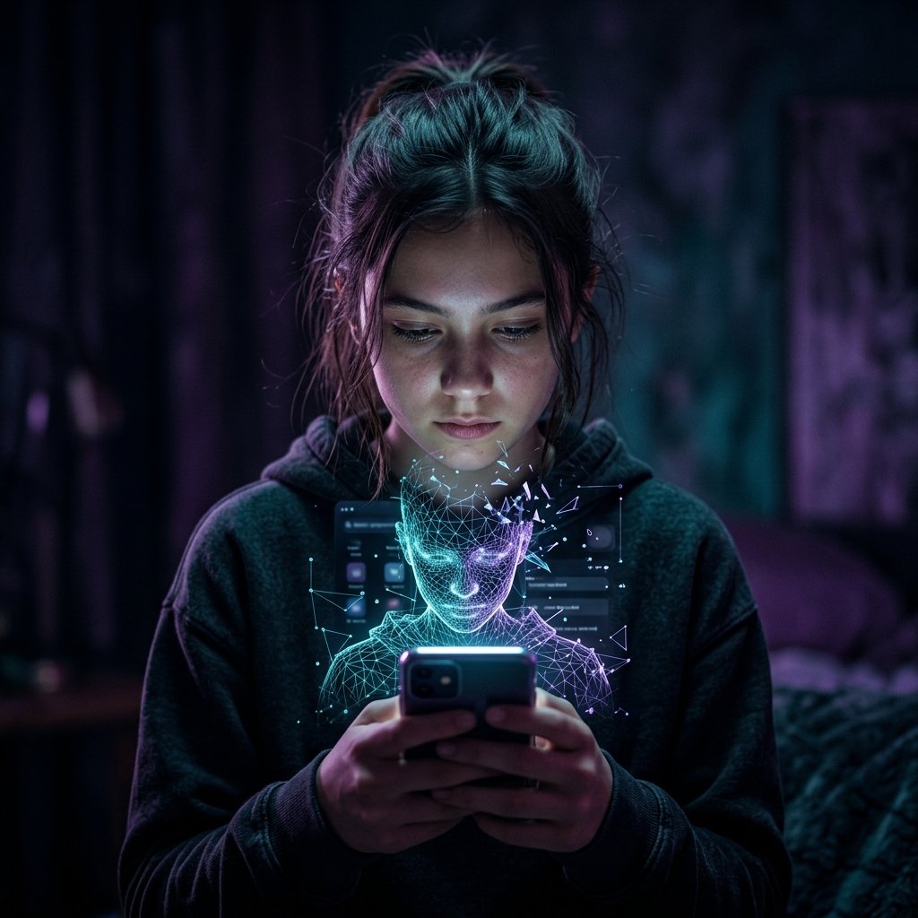 Uma representação conceitual de um jovem encarando o smartphone com o reflexo de sua autoimagem distorcida