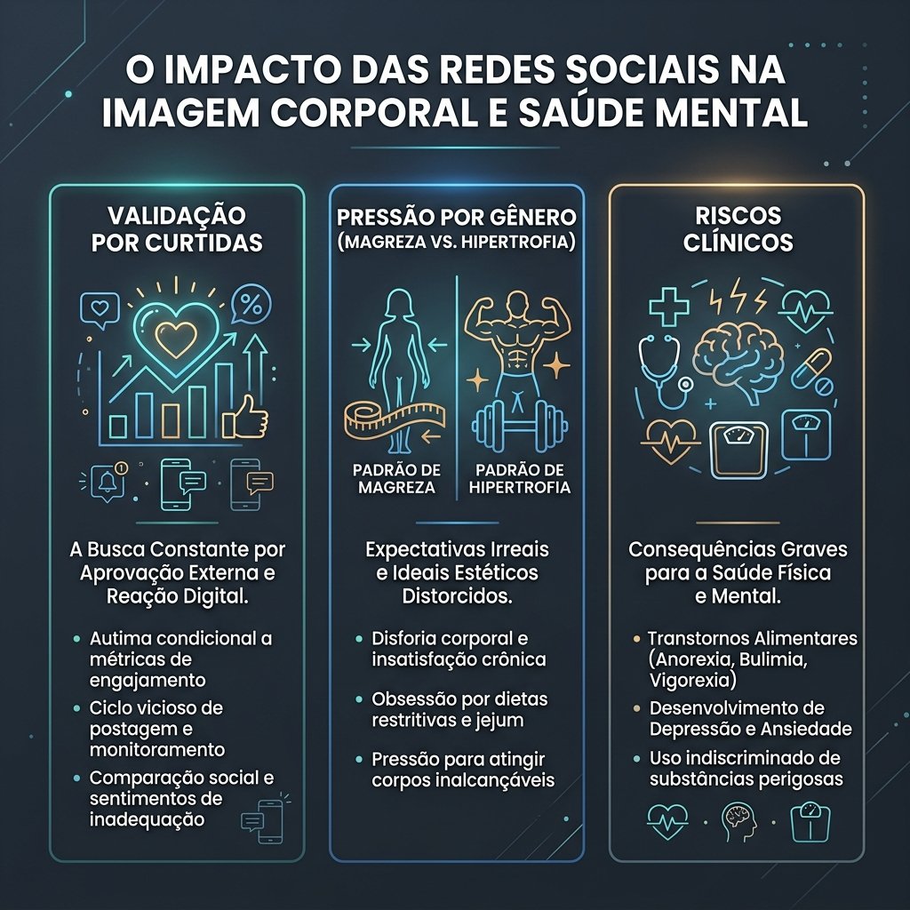 Infográfico resumindo os impactos da validação estética e comportamentos de risco no sono e autoimagem de adolescentes