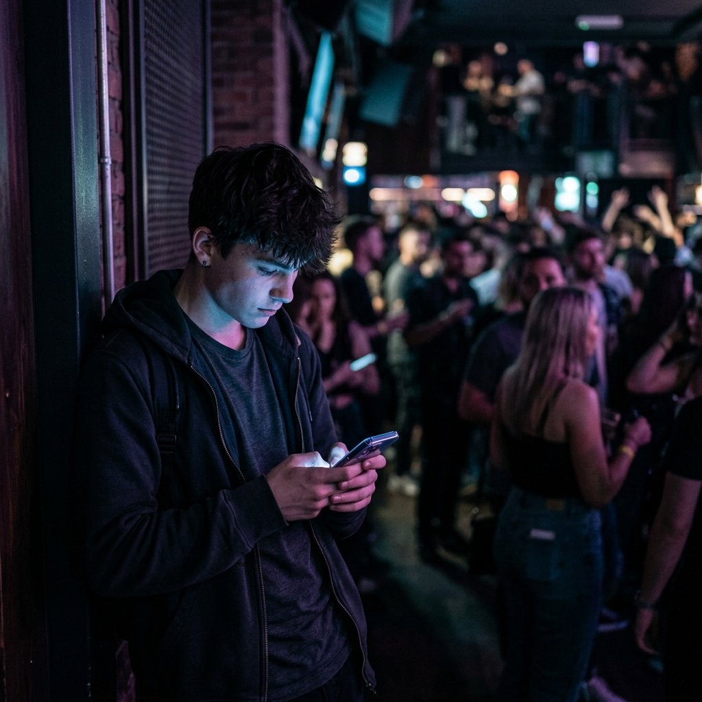 Uma representação conceitual de um jovem no canto de uma sala movimentada, olhando fixamente para um smartphone que projeta uma luz fria e protetora