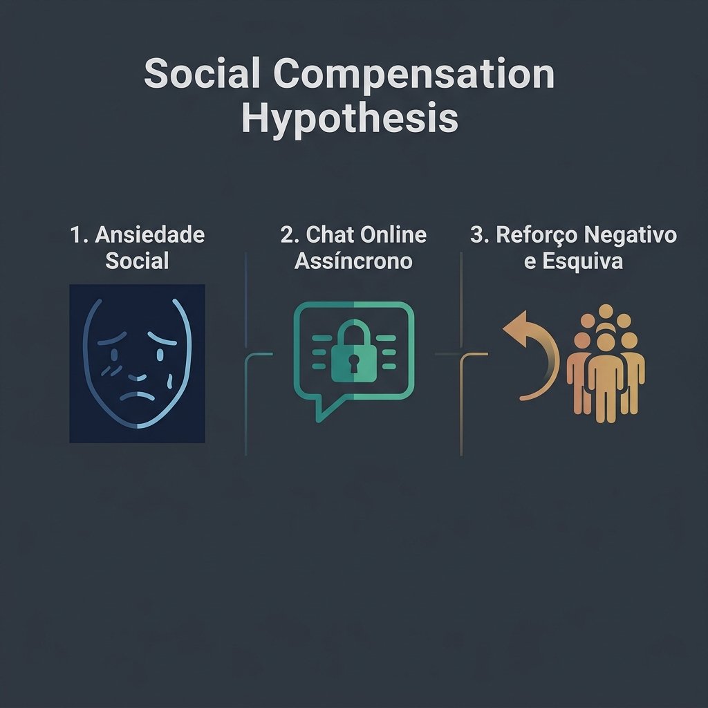 Infográfico ilustrando a relação dinâmica entre ansiedade social, refúgio de chat assíncrono e reforço negativo do uso compensatório de telas