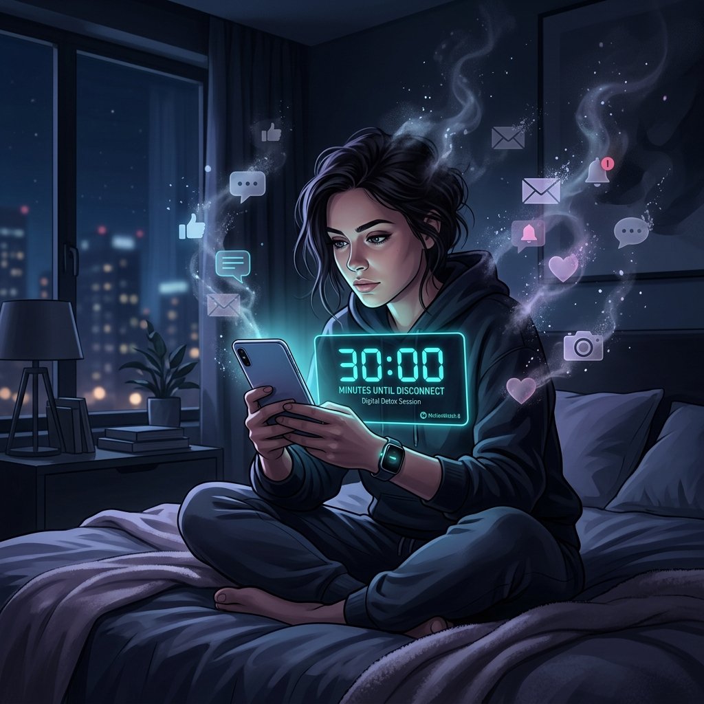 Cena conceitual de um jovem encarando a tela de um smartphone com um temporizador de 30 minutos em um quarto escuro, enquanto fumaça dissolve ícones de redes sociais.