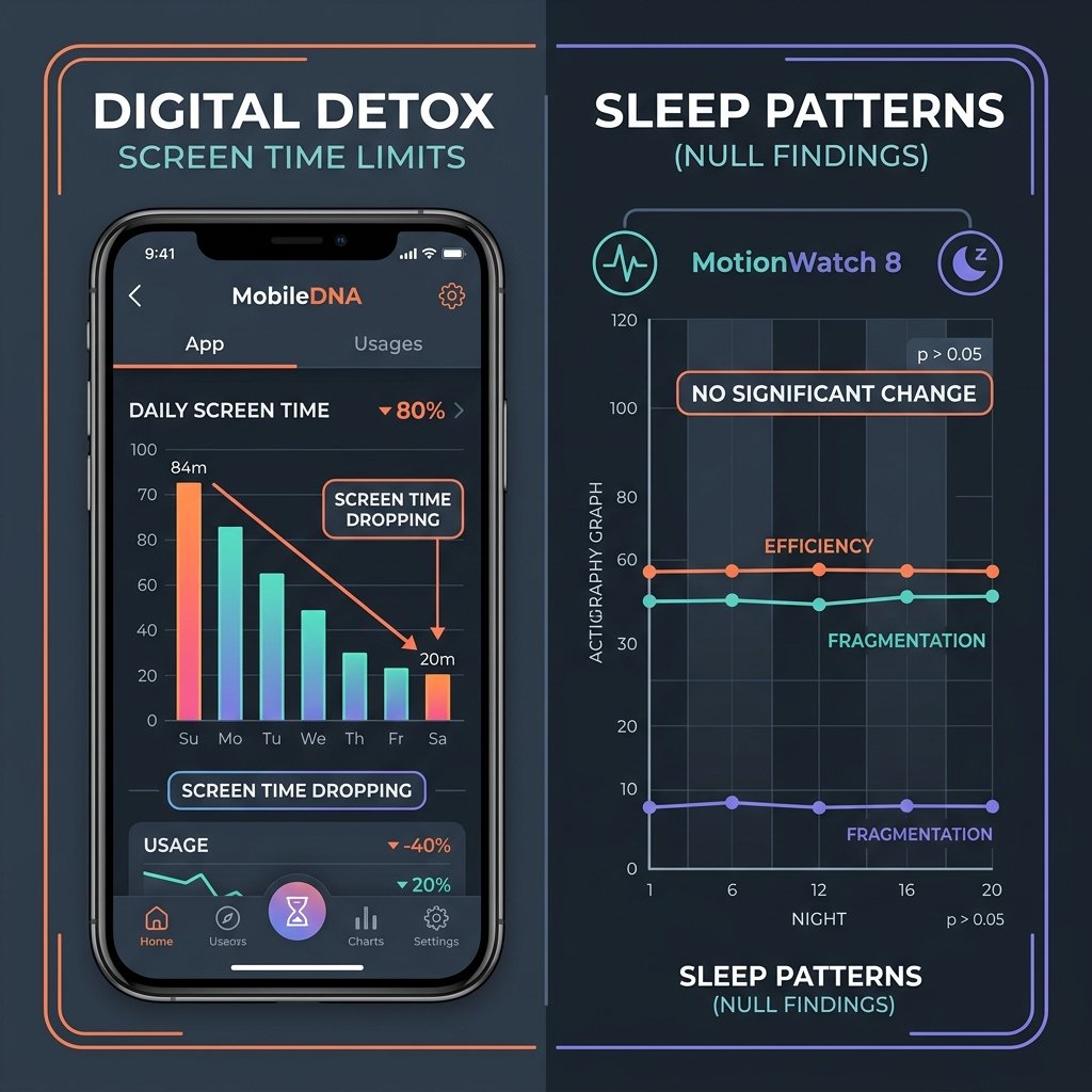 Infográfico ilustrando os achados metodológicos do estudo experimental, mostrando a queda de uso de tela registrada no MobileDNA e a actigrafia MotionWatch 8 comprovando resultados nulos no sono.