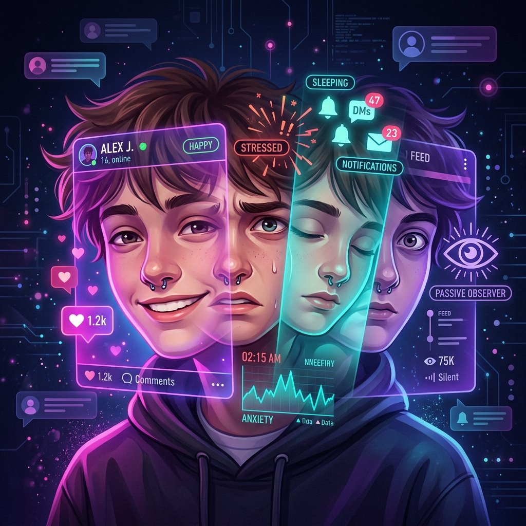 Múltiplas camadas translúcidas de um rosto de adolescente expressando diferentes emoções sobrepostas a interfaces de redes sociais e notificações.