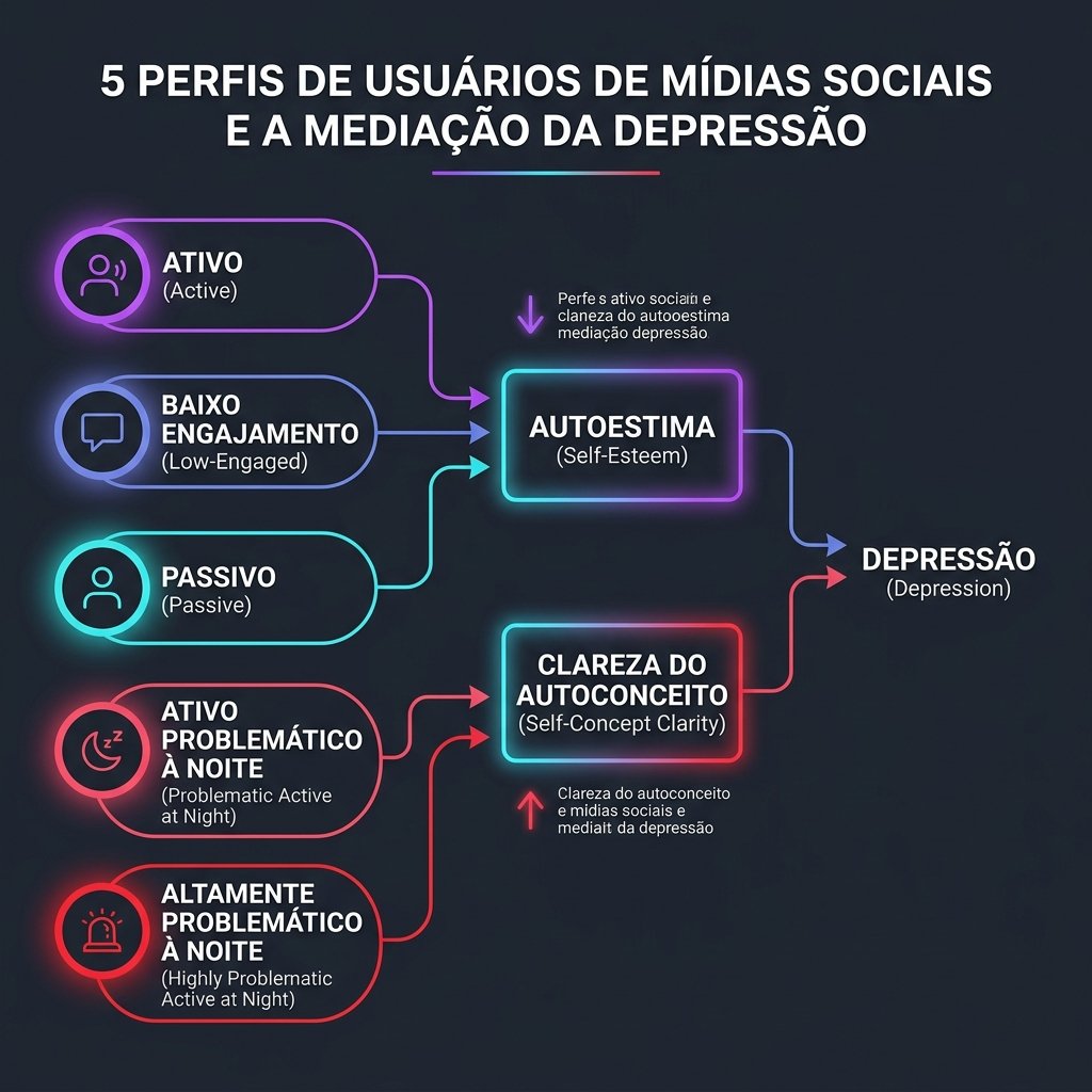 Infográfico esquematizando a mediação da autoestima e da clareza de autoconceito no impacto dos 5 perfis latentes de redes sociais sobre a depressão em adolescentes.