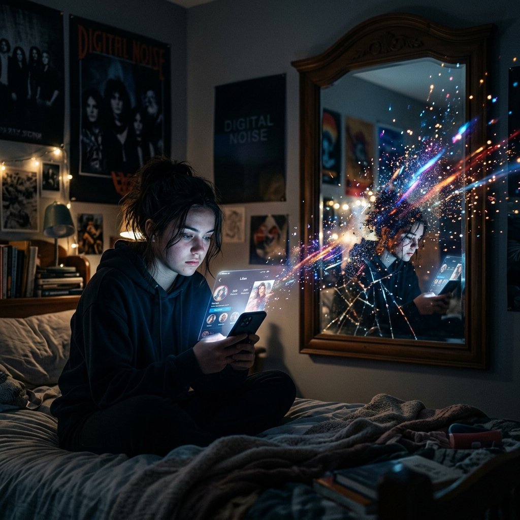 Uma representação conceitual de um espelho fragmentado exibindo reflexos de luzes digitais coloridas, simbolizando a autoestima dividida no ambiente online