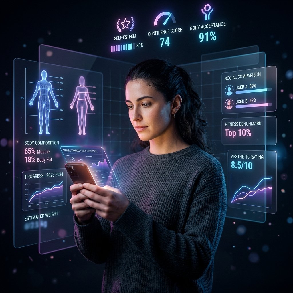 Uma representação visual moderna de silhouettes de corpos e smartphones flutuando em um fundo de neon azul e roxo